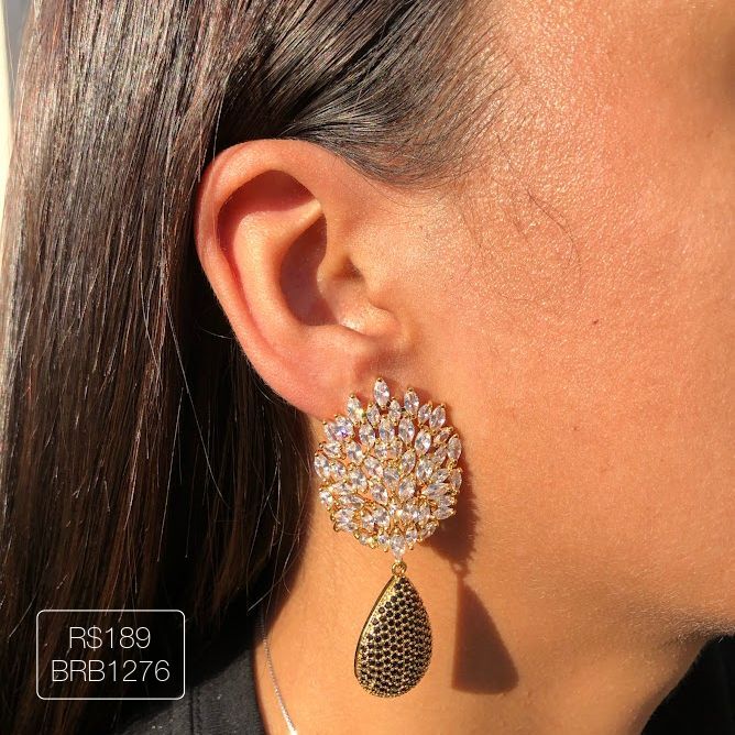 Brinco Luxo Full Navetes + Gota Cravejada Pendurada